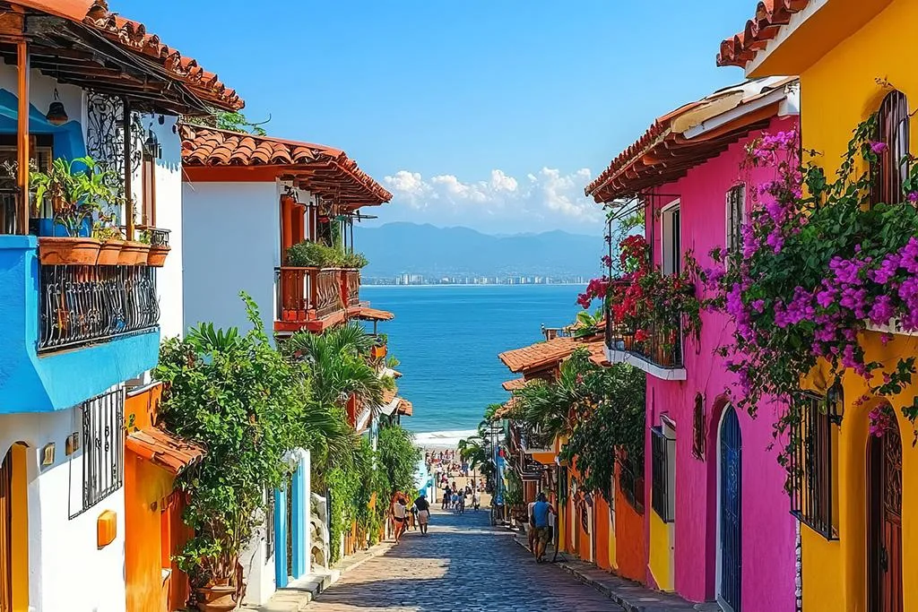 Brightly painted buildings with terracotta roofs line a cobblestone street leading down to the ocean in Puerto Vallarta, Mexico.