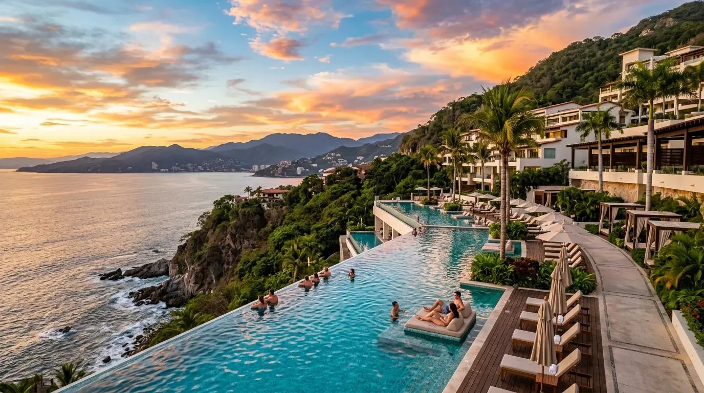 Guests swim and lounge in a tiered infinity pool overlooking the ocean at sunset in Puerto Vallarta, Mexico.