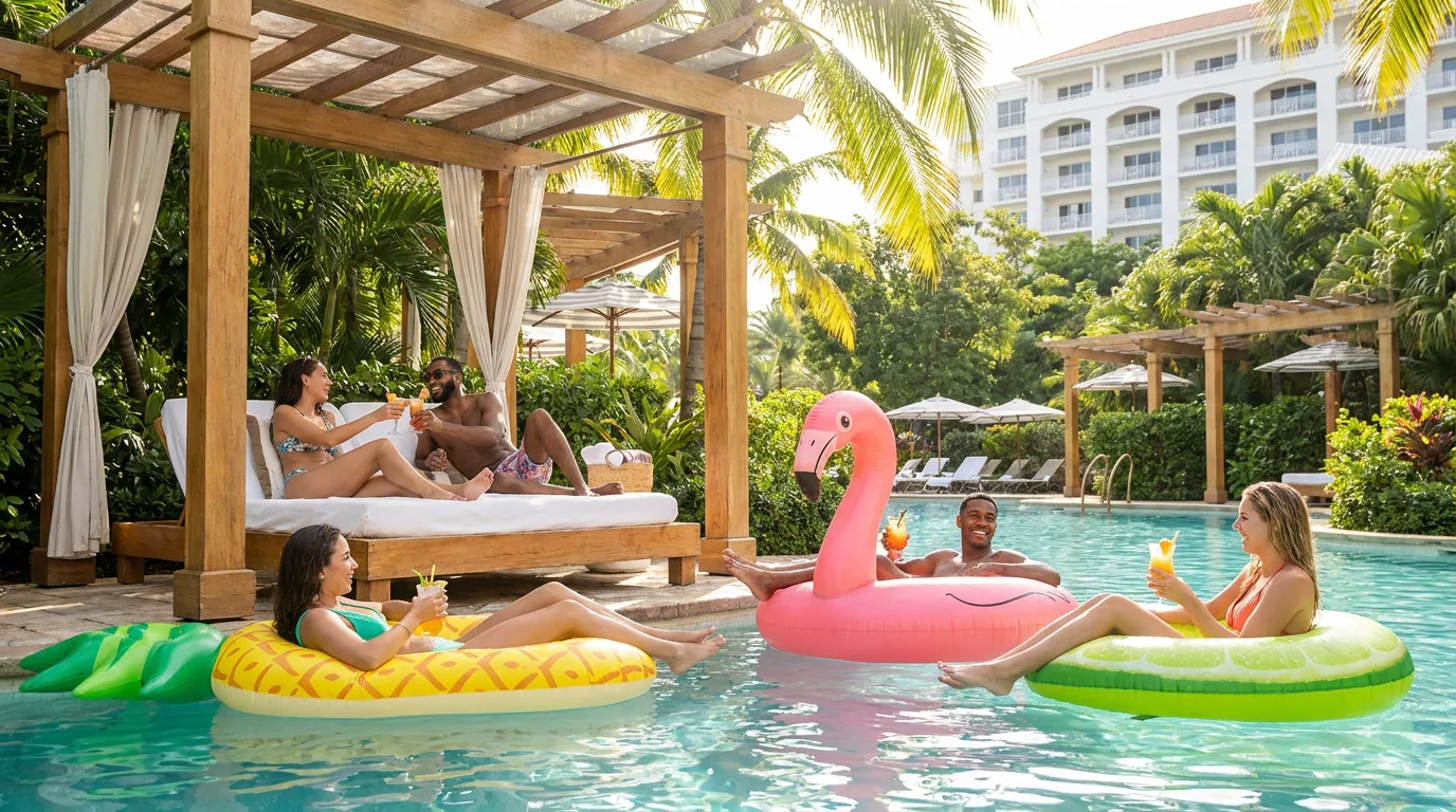 Friends lounge on colorful pool floats and a shaded daybed with tropical drinks at a resort in the Bahamas.