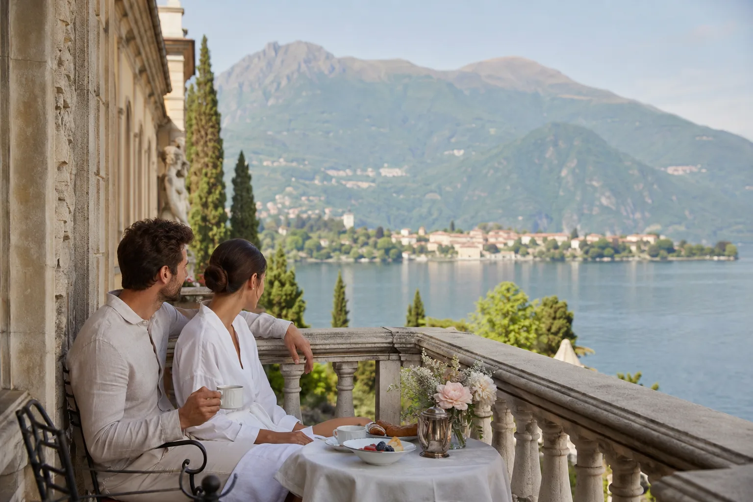 A couple sits on an ornate stone balcony enjoying breakfast overlooking Lake Como and distant mountains.