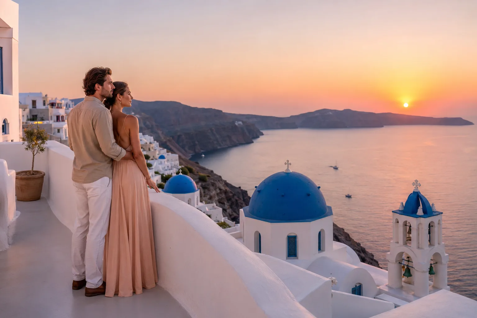 A couple embraces on a terrace overlooking blue-domed churches and the caldera at sunset in Santorini.