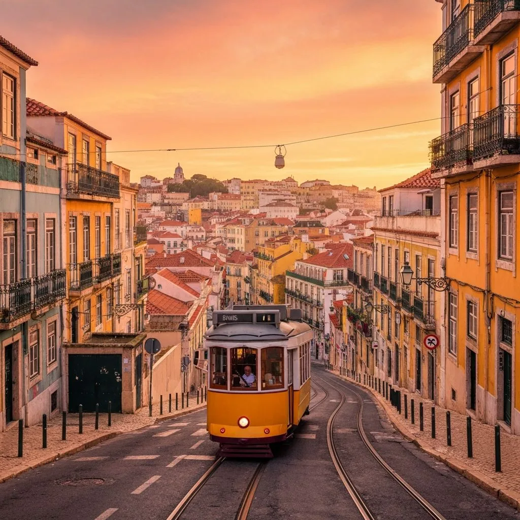 A traditional yellow tram descends a steep street lined with colorful historic buildings in Lisbon during sunset.