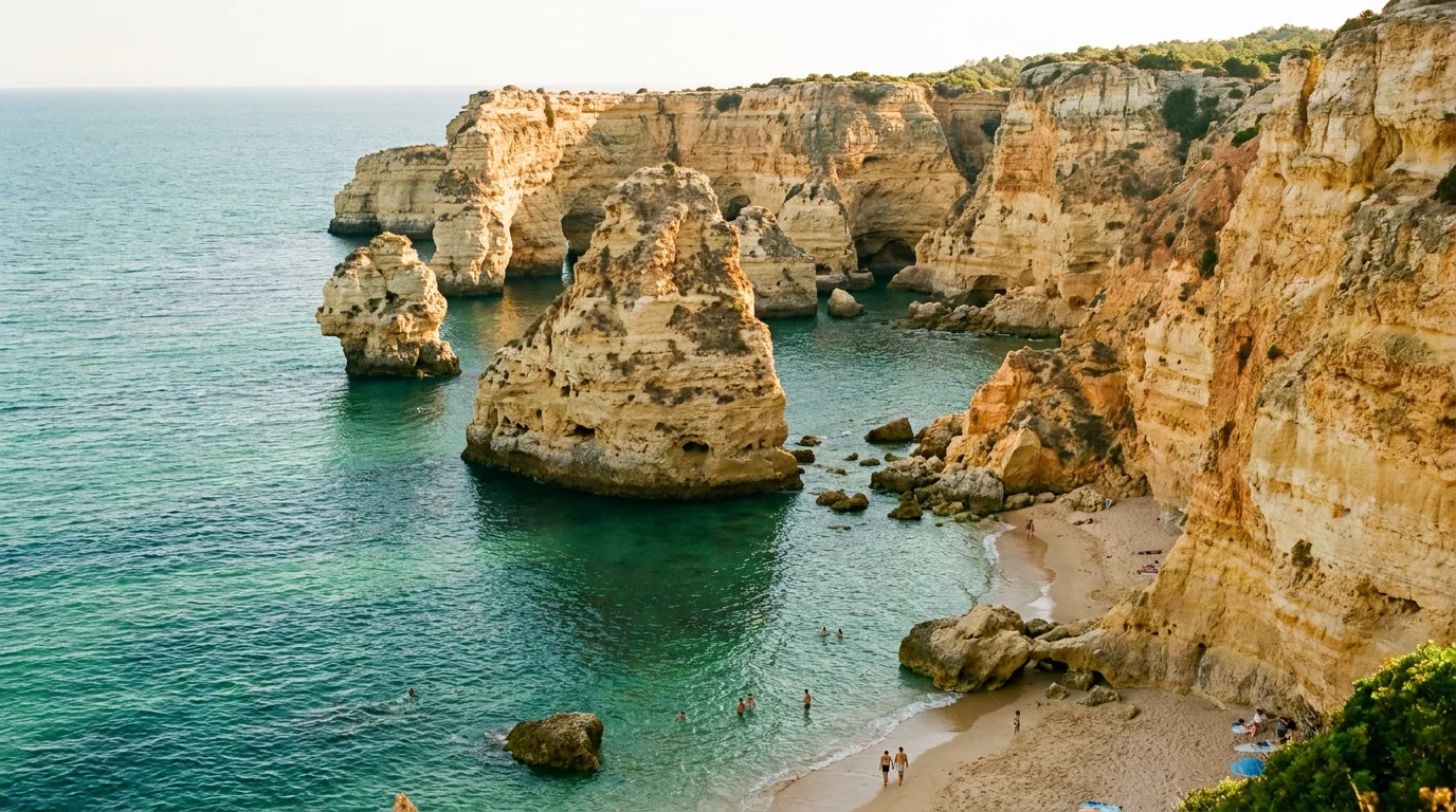 Golden cliffs above clear water on the Algarve coast of Portugal