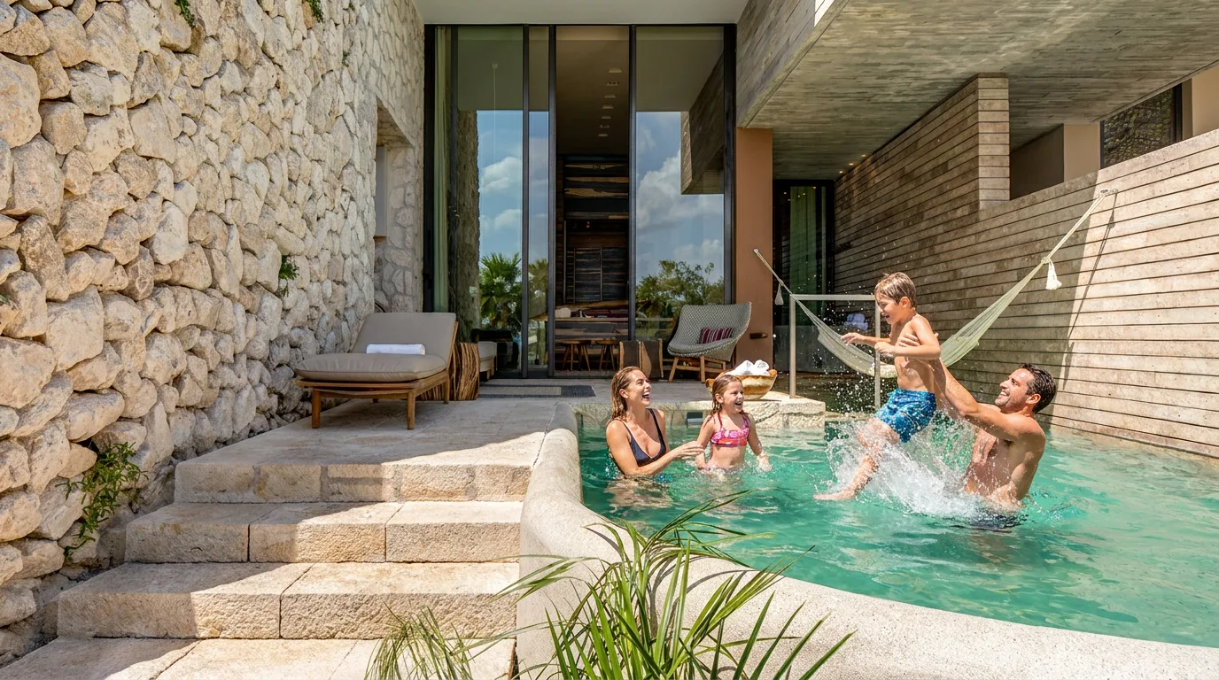 A family of four plays together in a private swimming pool beside a sunlit stone villa patio.