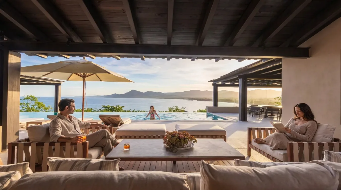 Guests relax on a shaded villa patio with lounge seating overlooking an infinity pool and a scenic coastal bay.
