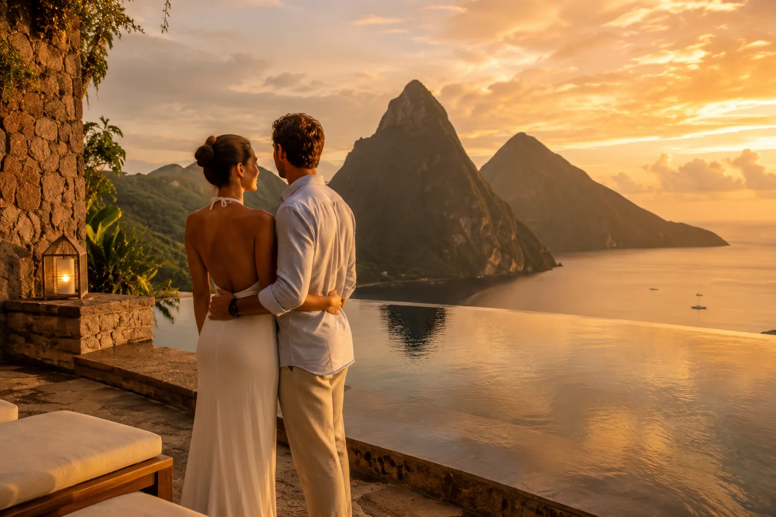 A couple stands embracing beside an infinity pool overlooking the Pitons at sunset in Saint Lucia.