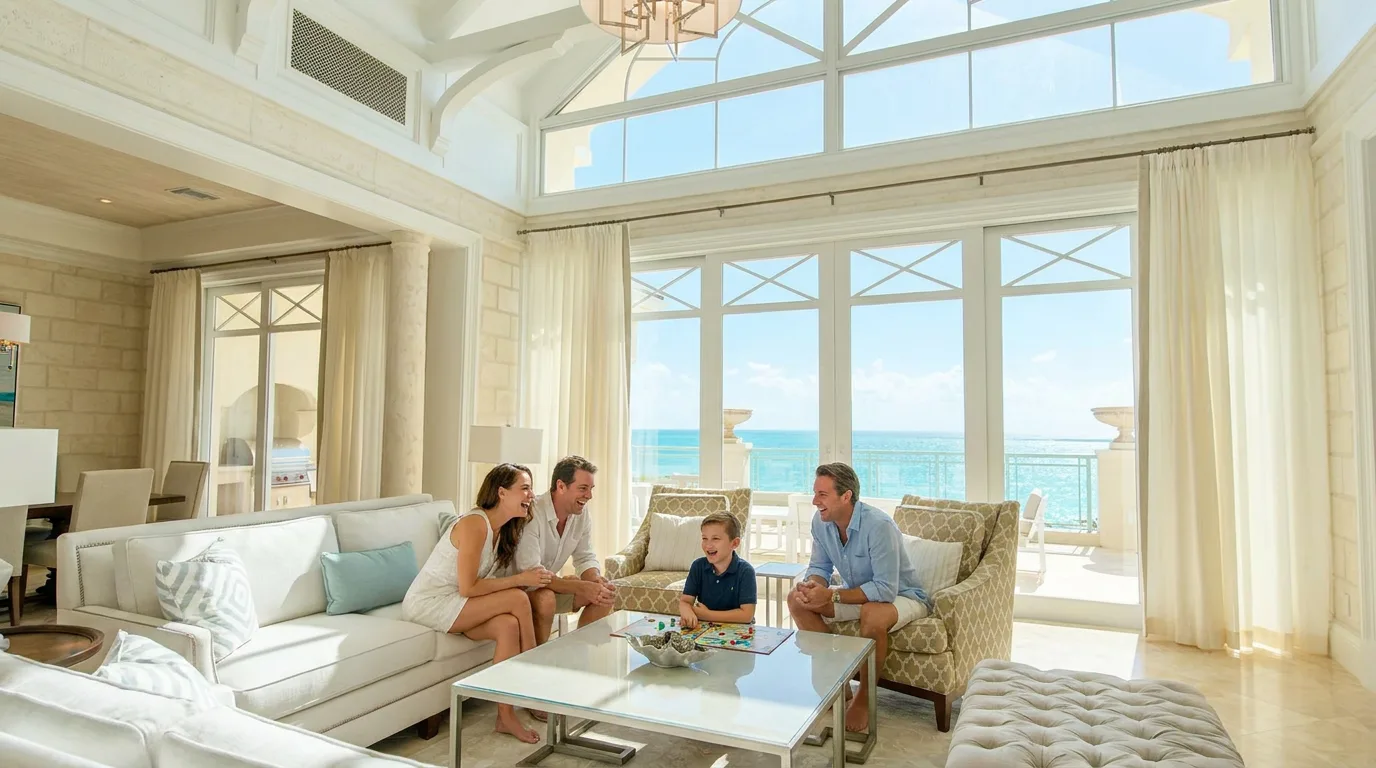 A family plays a board game in a bright, high-ceilinged living room overlooking the turquoise ocean in Turks and Caicos.