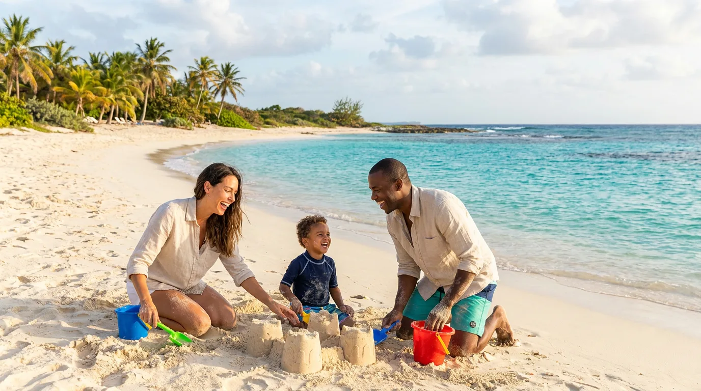 A family builds sandcastles together on a white-sand beach with turquoise water and palm trees in Anguilla.