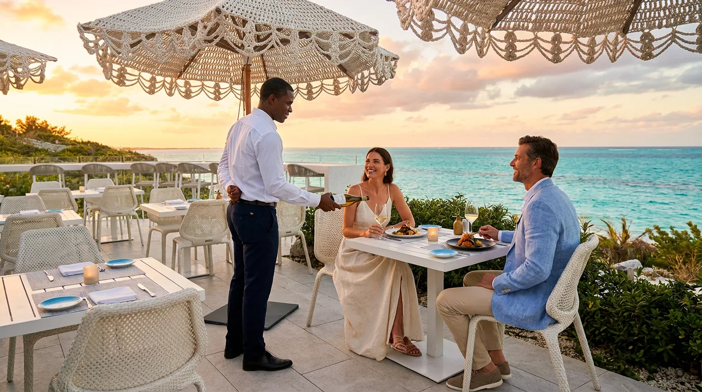 A waiter pours wine for a couple dining on an open-air oceanfront terrace at sunset in Turks and Caicos.