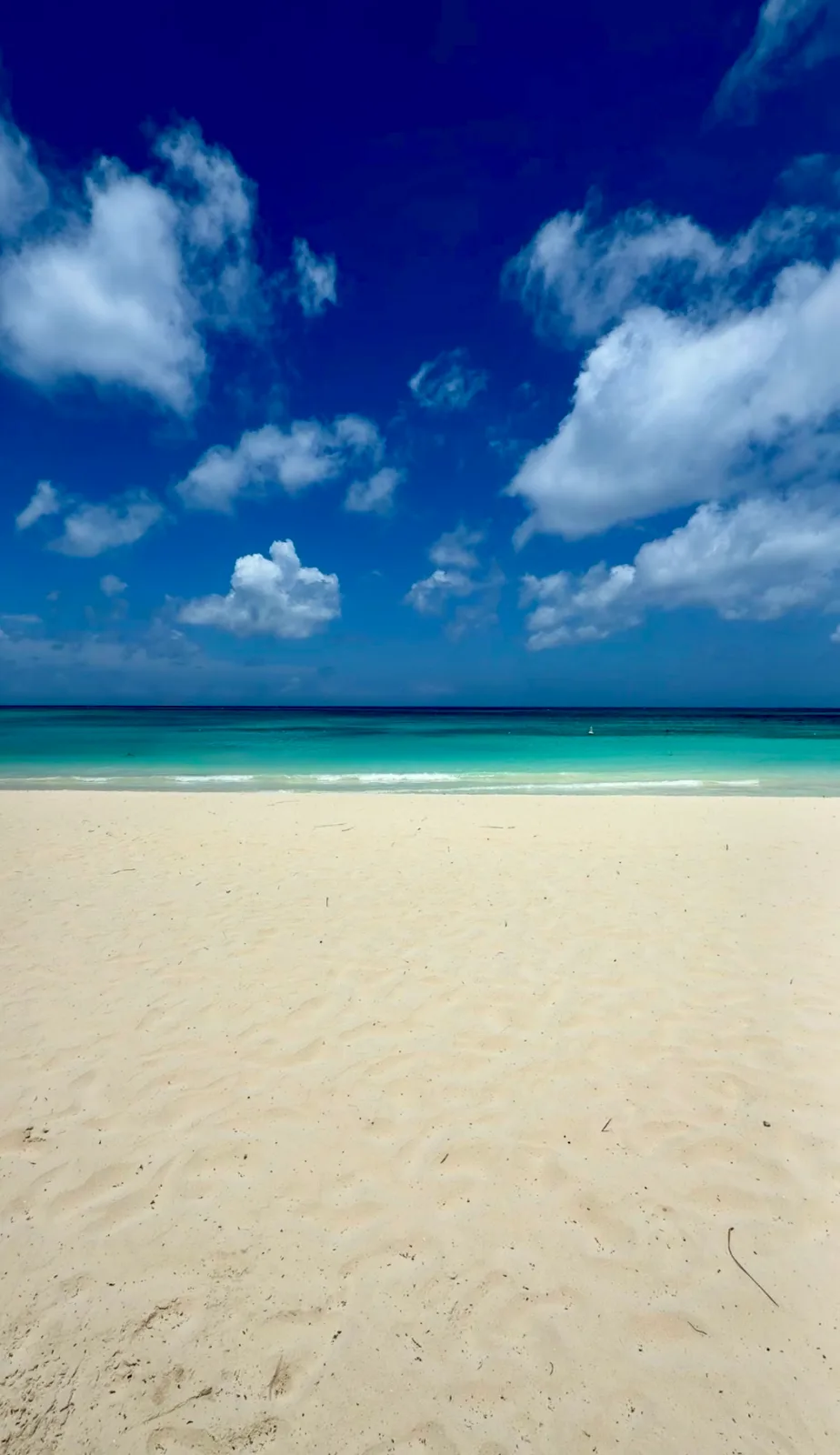 Turquoise ocean waters meet a broad white sand beach beneath a partly cloudy blue sky in Turks and Caicos.