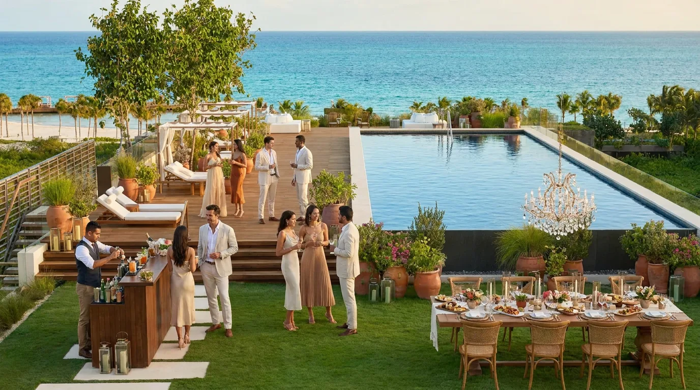 Guests gather near a swimming pool and dining table on a lush oceanfront terrace in Riviera Maya, Mexico.