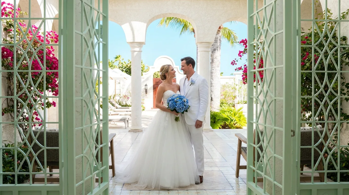 A bride and groom smile at each other in a sunlit arched courtyard framed by decorative gates in Turks and Caicos.