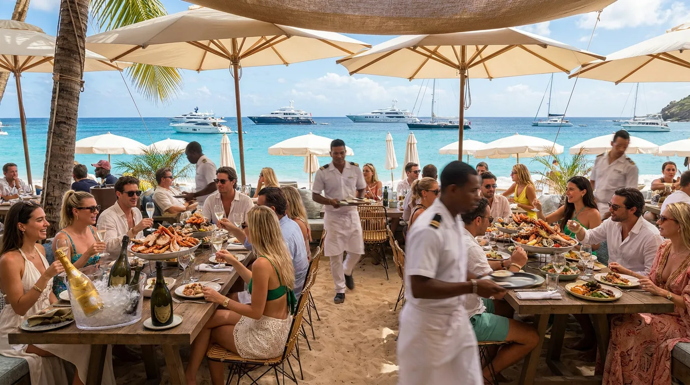 Diners enjoy seafood and champagne at outdoor beach tables shaded by umbrellas, overlooking yachts anchored off St. Barthelemy.