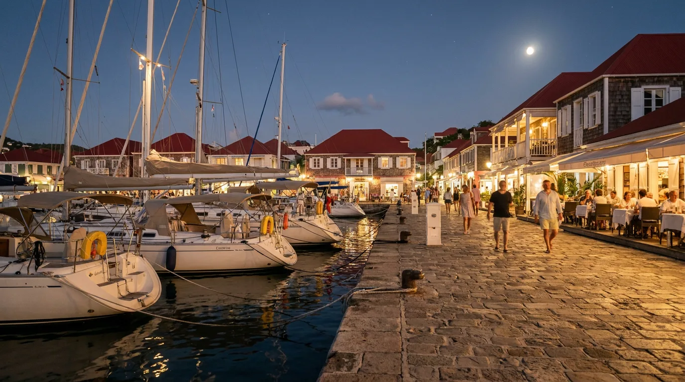 Yachts lit along the quay in Gustavia harbour at night