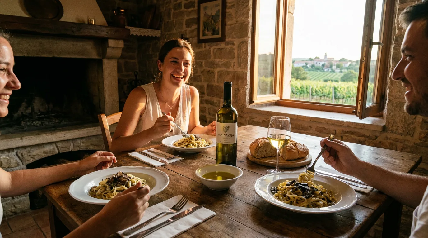 Rustic konoba dinner table with local wine in Istria, Croatia