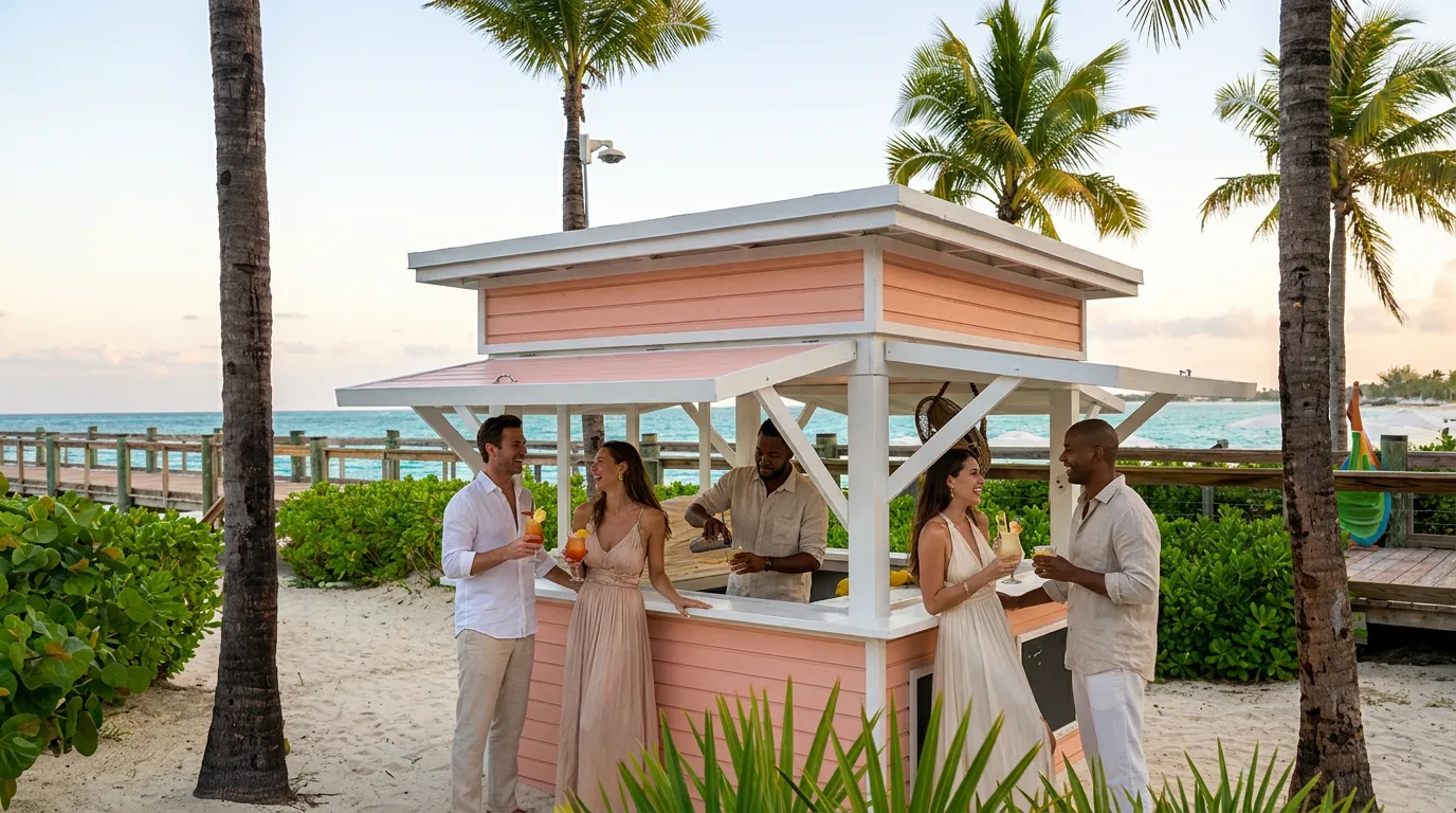 Four guests enjoy cocktails around a pink wooden beach bar with a bartender along the ocean in the Bahamas.