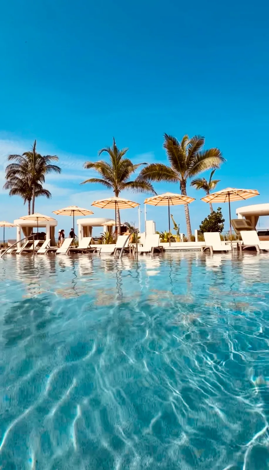 Sun loungers and striped parasols border a turquoise swimming pool lined with palm trees at a Puerto Vallarta resort.