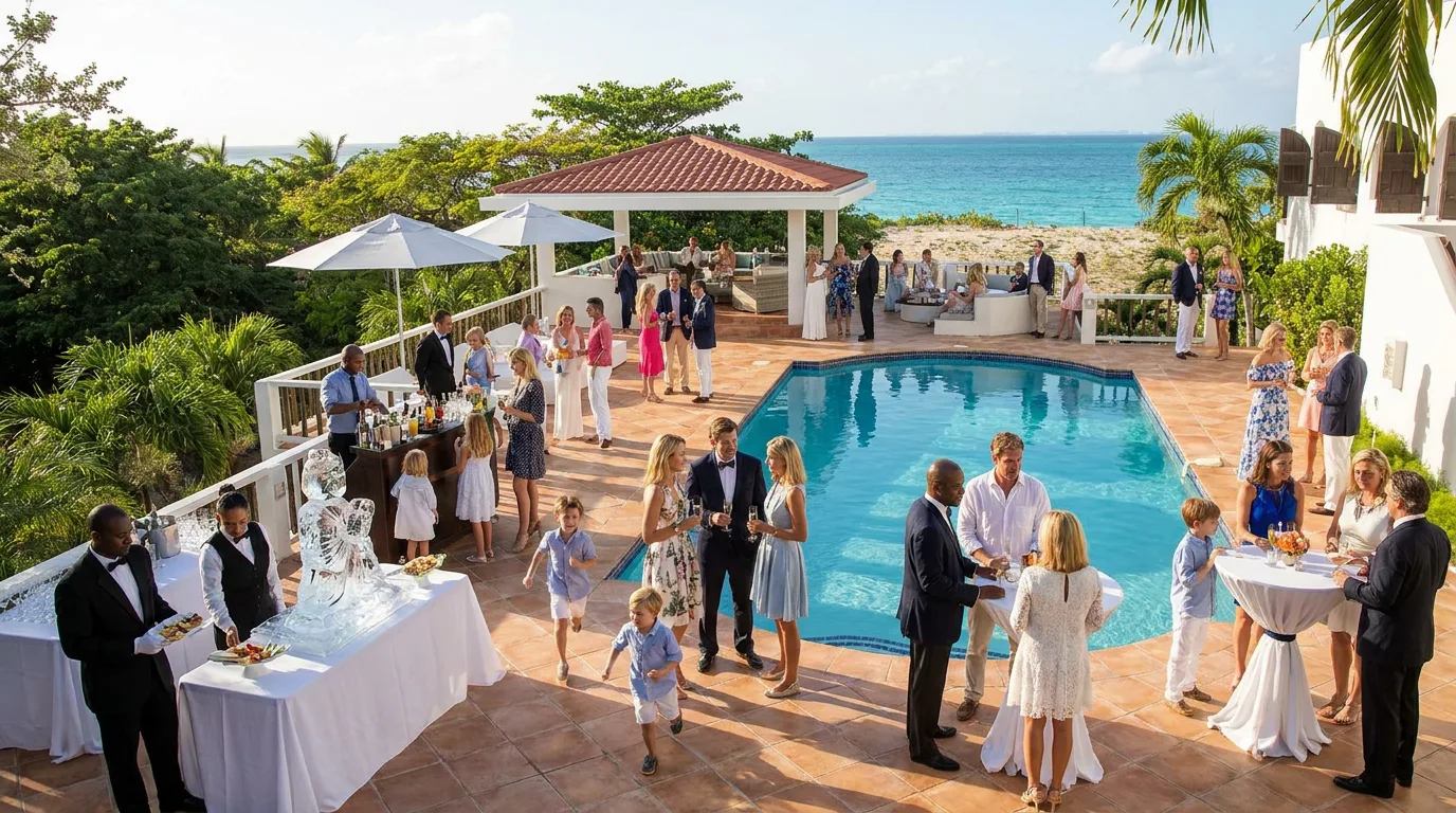 Guests in cocktail attire mingle around a swimming pool on a sunny villa terrace overlooking the ocean.