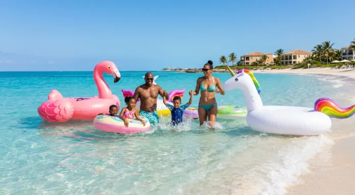 A family splashes in clear ocean shallows surrounded by colorful inflatable floats along a sunny tropical beach.