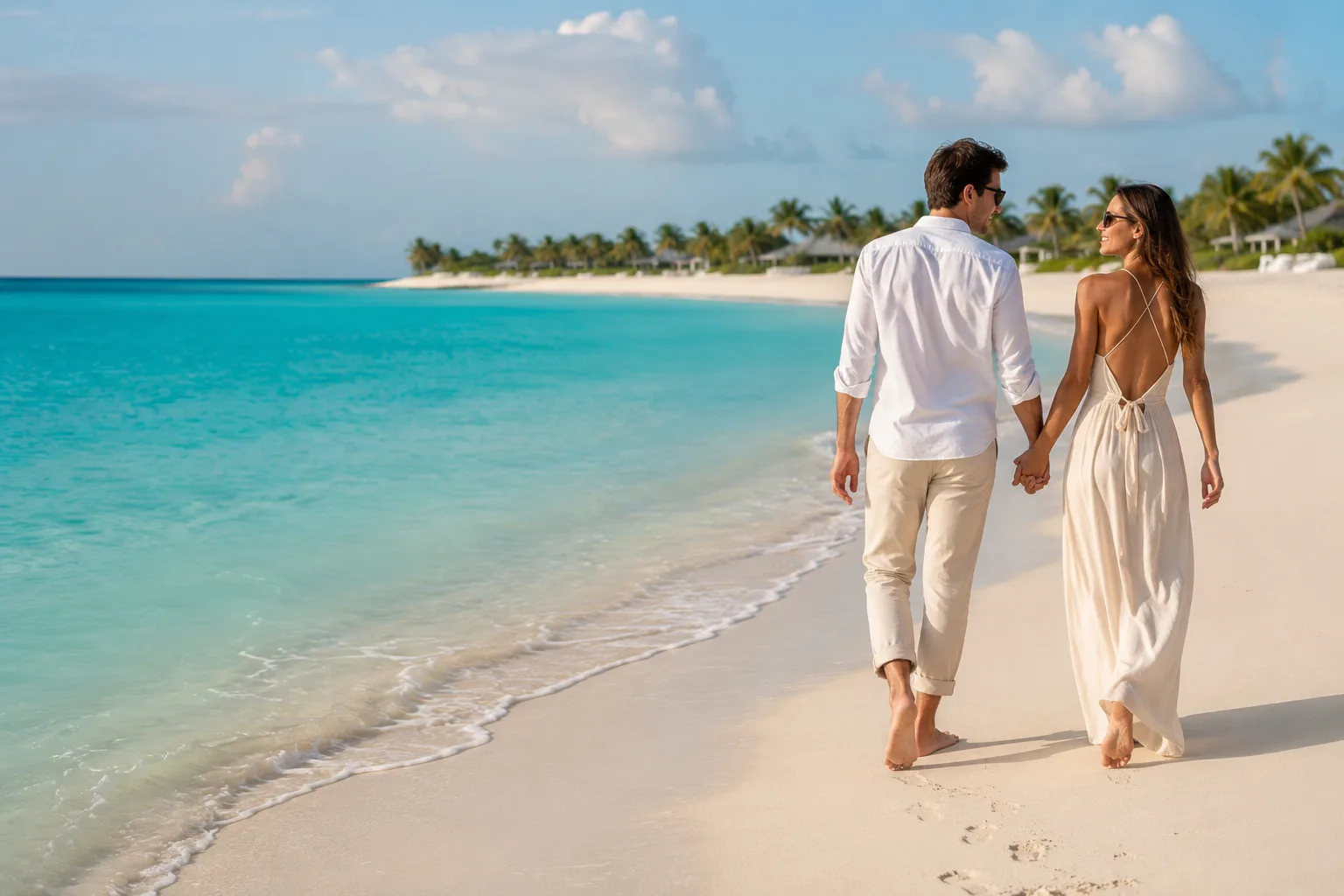 A couple walks hand in hand along a white sand beach beside turquoise ocean water lined with palm trees.