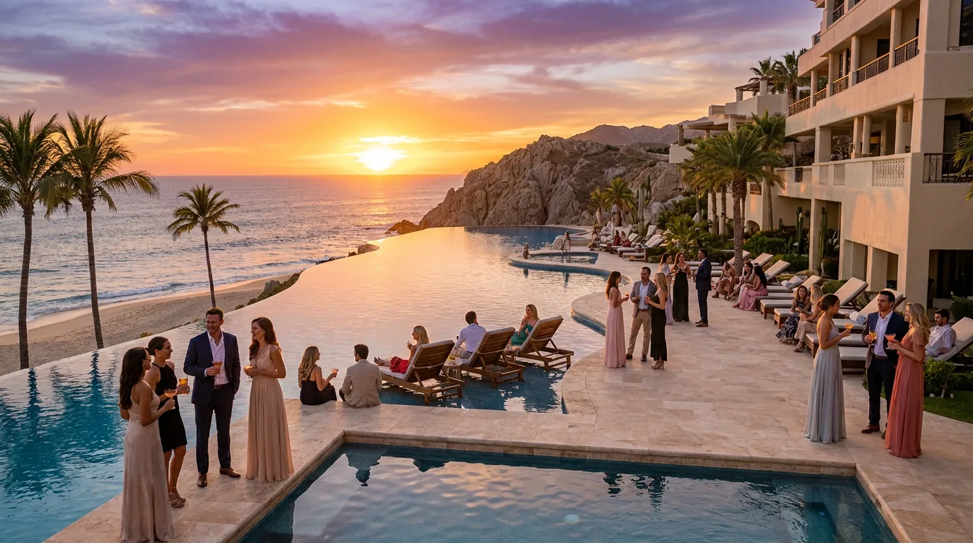 Guests in formal attire socialize along an infinity pool terrace overlooking an ocean sunset in Los Cabos, Mexico.