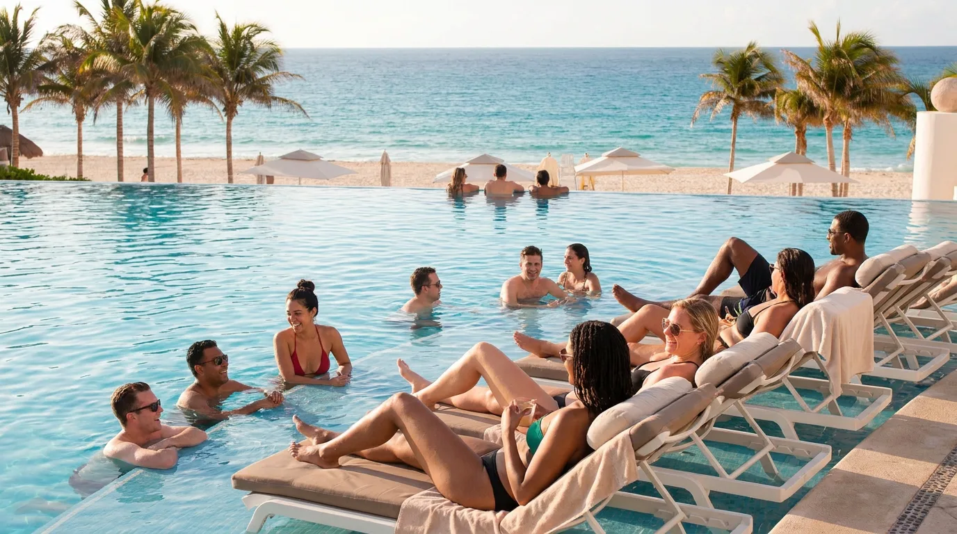 A group of friends relaxes on sun loungers and in an infinity pool overlooking a tropical beach and ocean.