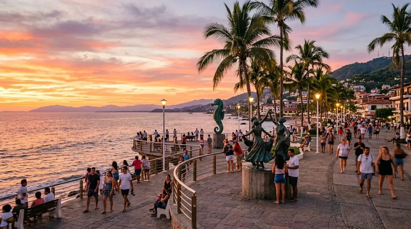 People stroll along the palm-lined Malecón boardwalk in Puerto Vallarta, passing bronze sculptures beside the sea at sunset.