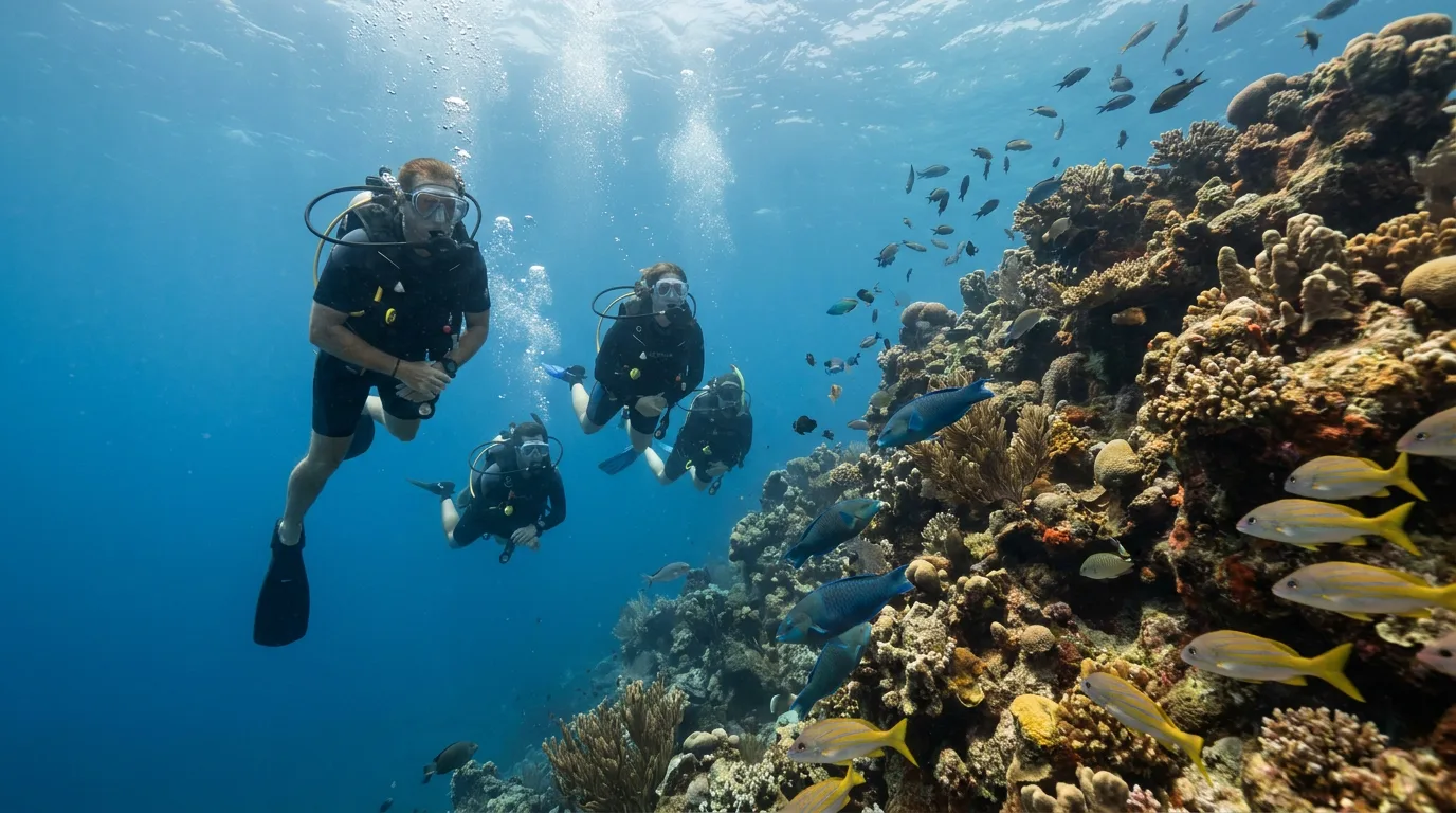 Divers along a coral reef wall in Belize