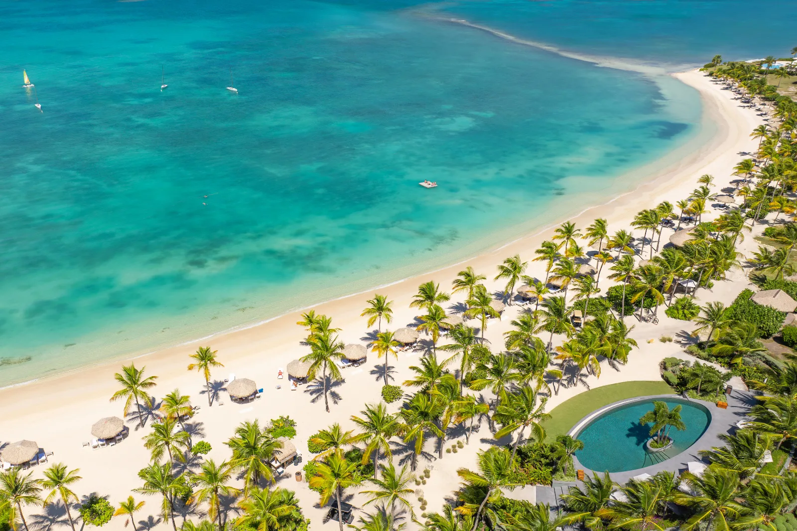 Palm trees and thatched umbrellas line a white sand beach beside turquoise ocean waters and a resort pool in Anguilla.