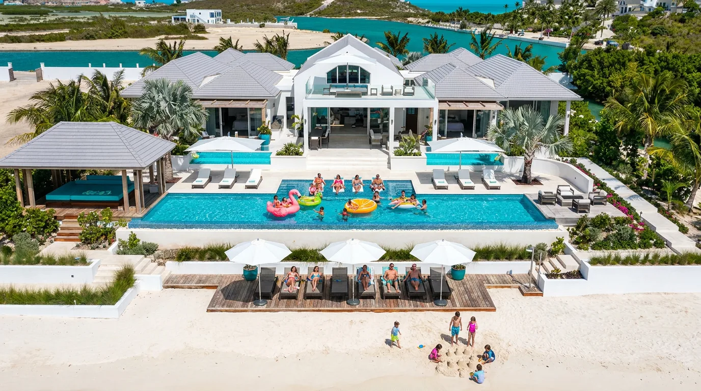 Guests swim in an infinity pool and relax on sun loungers beside a modern white beachfront villa.